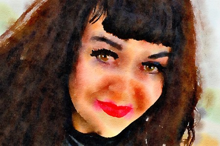 Watercolour painting of a dark haired attractive woman smiling. Close up.