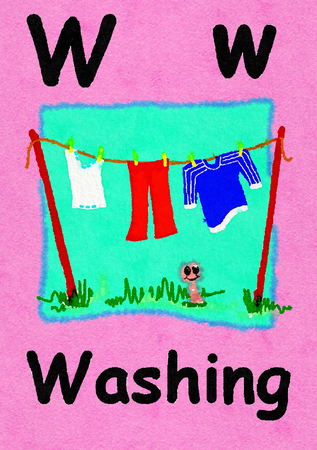 W is for washing. Watercolour cartoon painting of a clothes line and worm. Letter W, ABC kids wall art. Alphabet flashcard, nursery poster, playroom decor. Vibrant colours with a pink background.の写真素材