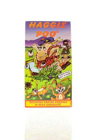 Wrexham, UK - February 02, 2018: Haggis Poo. Witty box of milk chocolate raisins from Scotland made for the tourist market.のeditorial素材
