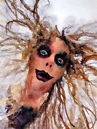 Halloween watercolor painting of a scary womans face with creepy makeup and wild crazy hair.の写真素材