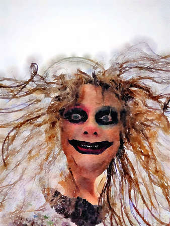 Halloween watercolor painting of a scary woman face with creepy smile, dark makeup and crazy wild hair.の写真素材