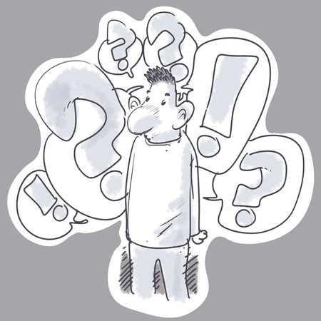 Illustration of a man with a question mark on a gray backgroundのイラスト素材