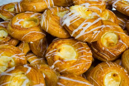 very large pile of pastries with croissantsの写真素材