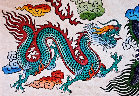 The Colorful of old painting dragon on wall in joss houseのeditorial素材