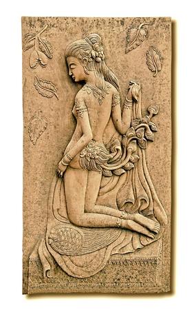 The Sculpture sandstone of angel isolated on white backgroundの写真素材