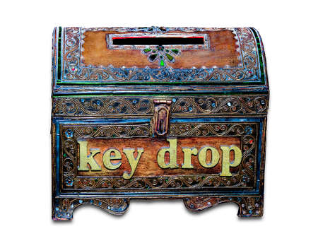 The Old wooden box of key drop isolated on  white backgroundのeditorial素材