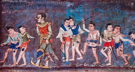 The Ancient painting of buddhist temple mural  at Wat Phra sing, a famous temple in chiangmai province, Thailand. The temple is open to the public and has beautiful murals on the walls.のeditorial素材