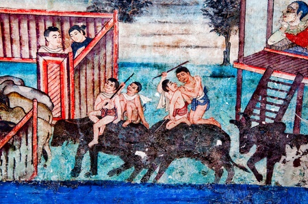 The Ancient painting of buddhist temple mural  at Wat Phra sing, a famous temple in chiangmai province, Thailand. The temple is open to the public and has beautiful murals on the walls.のeditorial素材