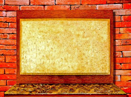 The Vinatge board and desk on brickwall backgroundの写真素材