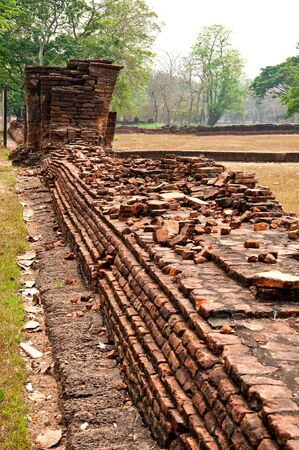 The Old ruin brick wall of Si Satchanalai historical park at sukhothai province,Thailandの写真素材