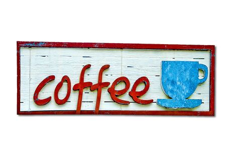 The Old wooden board of a cup of coffee isolated on white backgroundの写真素材
