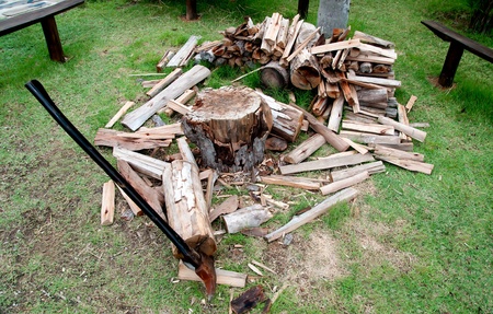 Cut log firewood and old axeの写真素材