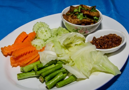 Thai Cuisine call "nam prik" and fried pork with vegetablesの写真素材
