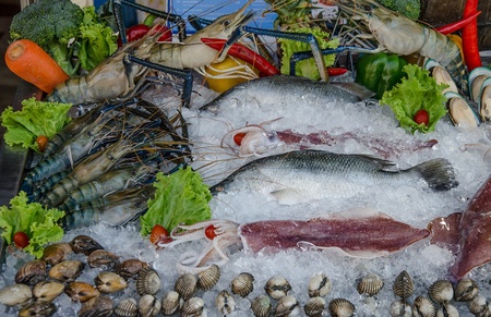 Raw seafood on iceの写真素材