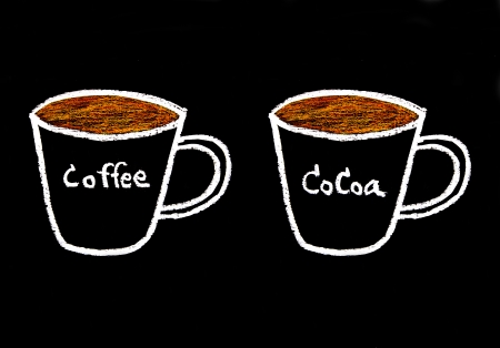 Sketch chalk of coffee and cocoa on blackboardの写真素材