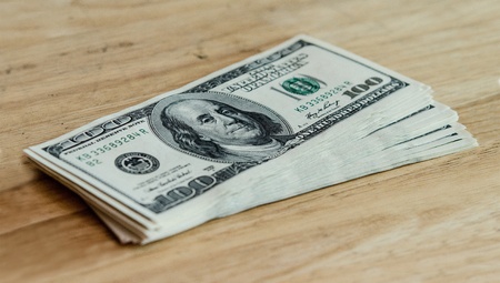 Closeup Stack of one hundred dollar billsの写真素材