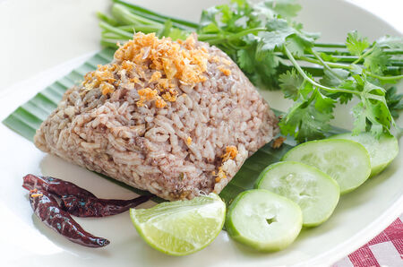 Streamed rice with blood pork and herb of north style in thailandの写真素材