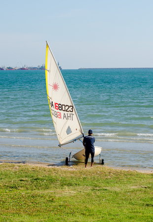 Chonburi, Thailand- APRIL 26, 2014:  Sailboat on sea in Sattahip Naval Base ,Thailandのeditorial素材