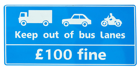 Sign of keep out of bus lanes isolated on white backgroundの写真素材