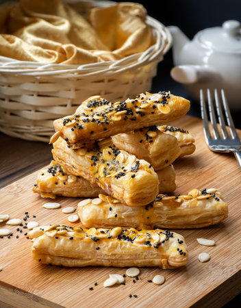 Crispy fluffy bread sticks, on a wooden chopping or cutting board, are great for snacks. Topped with...