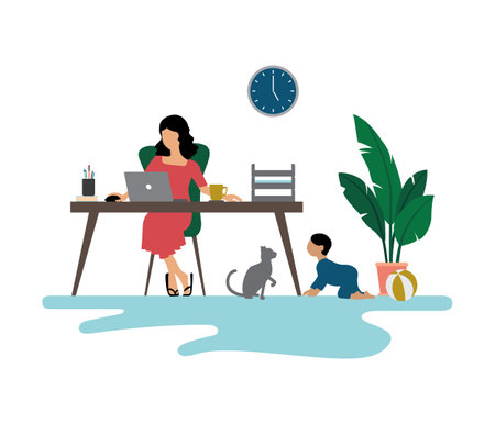 Career Woman or Mother Working From Home with A Child Nearbyのイラスト素材