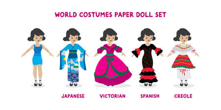Set of Paper Dolls Wearing Different Costumes from around the Worldのイラスト素材