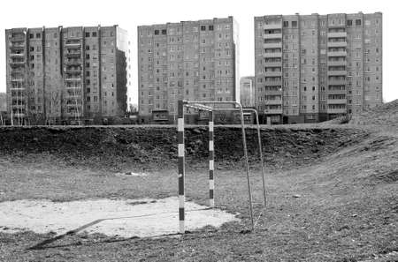 soccer field in front of an industrialized apartment block, Jelenia Gora, Polandのeditorial素材