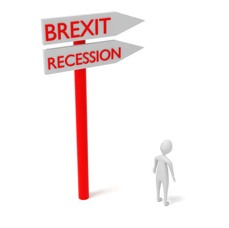 Brexit and recession: guidepost with 3d man, 3d illustrationの写真素材
