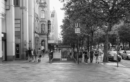 BERLIN, GERMANY - JULY 10, 2016: metro station with tourists at famous Kudamm shopping street, black and whiteのeditorial素材