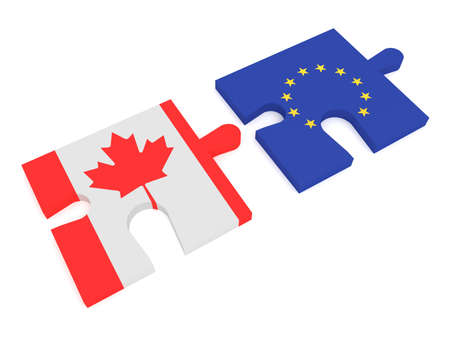 Partnership Canada and EU: Puzzle Pieces Canadian flag and EU Flag, 3d illustrationの写真素材