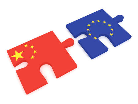 Partnership China and EU: Puzzle Pieces Chinese flag and EU Flag, 3d illustrationの写真素材