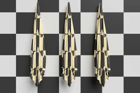 Three Checkerboard Hand Towels On An Checkerboard Pattern Wall, 3d illustration