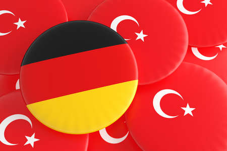 Partnership Germany Turkey: Turkish And German Flag Badges, 3d illustrationの写真素材