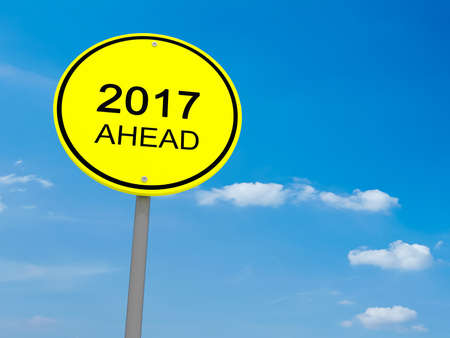 Round Yellow Road Sign 2017 Ahead Against A Cloudy Sky, 3d illustrationの写真素材