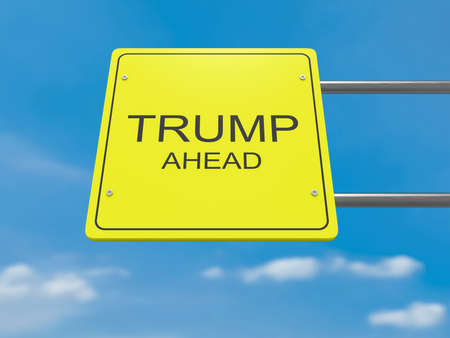 Yellow Road Sign Trump Ahead Against A Cloudy Sky, 3d illustrationのeditorial素材