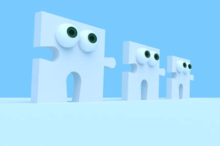Business Concept: Row of Cartoon Puzzle Pieces With Eyes, 3d illustrationの写真素材
