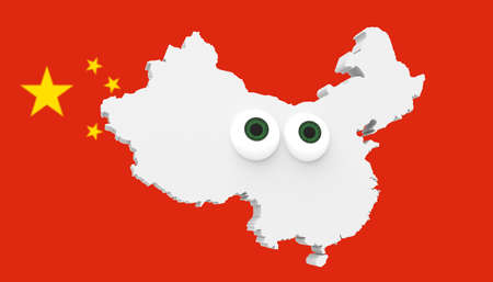 Cartoon Country Map China With Big Eyes Chinese Flag In Background, 3d illustrationの写真素材
