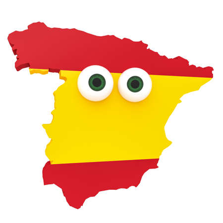 Cartoon Spanish Flag Map Spain With Big Eyes Isolated On White Background, 3d illustrationの写真素材