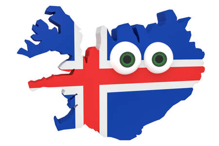 Cartoon Icelandic Flag Map Iceland With Big Eyes Isolated On White Background, 3d illustrationの写真素材