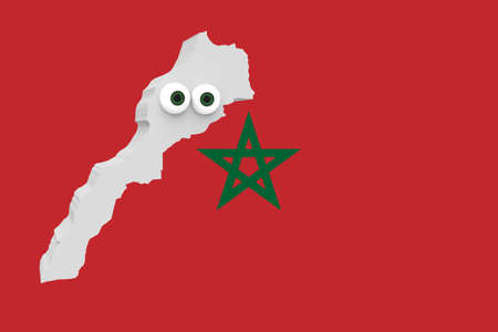 Cartoon Country Map Morocco With Big Eyes Moroccan Flag In Background, 3d illustrationの写真素材