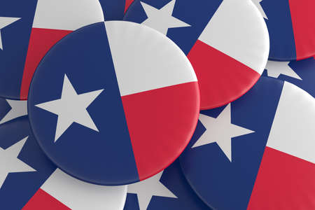 US State Buttons: Pile of Texas Flag Badges, 3d illustration
