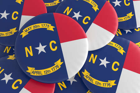US State Buttons: Pile of North Carolina Flag Badges, 3d illustration