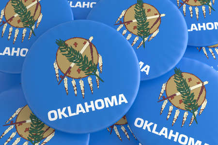 US State Buttons: Pile of Oklahoma Flag Badges, 3d illustrationの写真素材