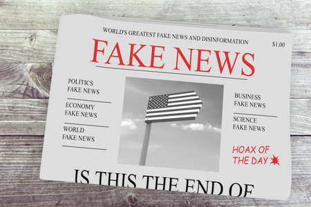 Fake News US Concept: Newspaper Front Page, 3d illustration on woodの写真素材