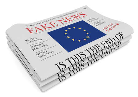 Fake News European Union Concept: Pile of Newspapers With EU Flag, 3d illustration on white backgroundの写真素材