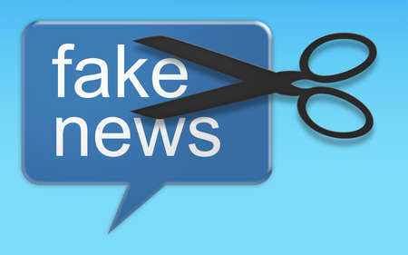 Social Media Concept: Action Against Fake News Speech Balloon, 3d illustration, on blue backgroundの写真素材