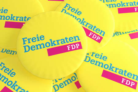 BERLIN, GERMANY - JANUARY 28, 2017: German Election Politics Badges Concept: Pile of FDP Buttons, 3d illustrationのeditorial素材