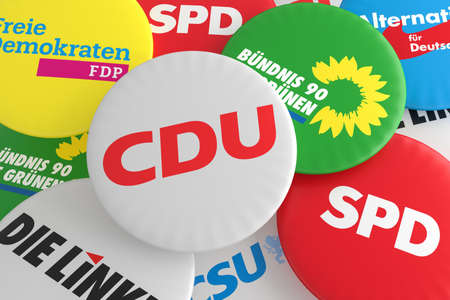 BERLIN, GERMANY - JANUARY 29, 2017: German Election Politics Badges: Pile of Buttons With The Logo of The Political Parties CDU, CSU, SPD, FDP, AfD, The Left And The Greens, 3d illustrationのeditorial素材