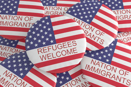 US News Concept Badge: Nation of Immigrants Pile With Refugees Welcome Button With US Flag, 3d illustrationの写真素材