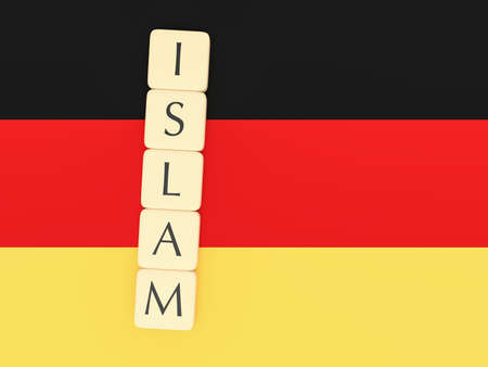 Letter Tiles Creating Word Islam, with German flag, 3d illustrationの写真素材